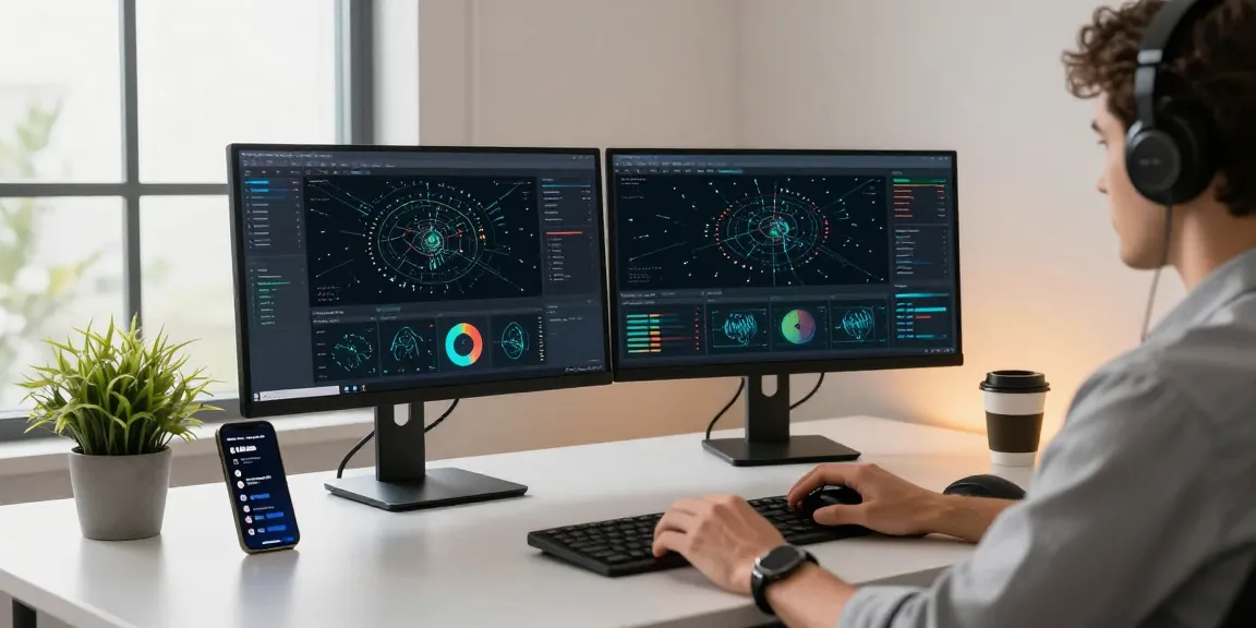 快连 network optimization workspace with dual monitors and productive ambiance