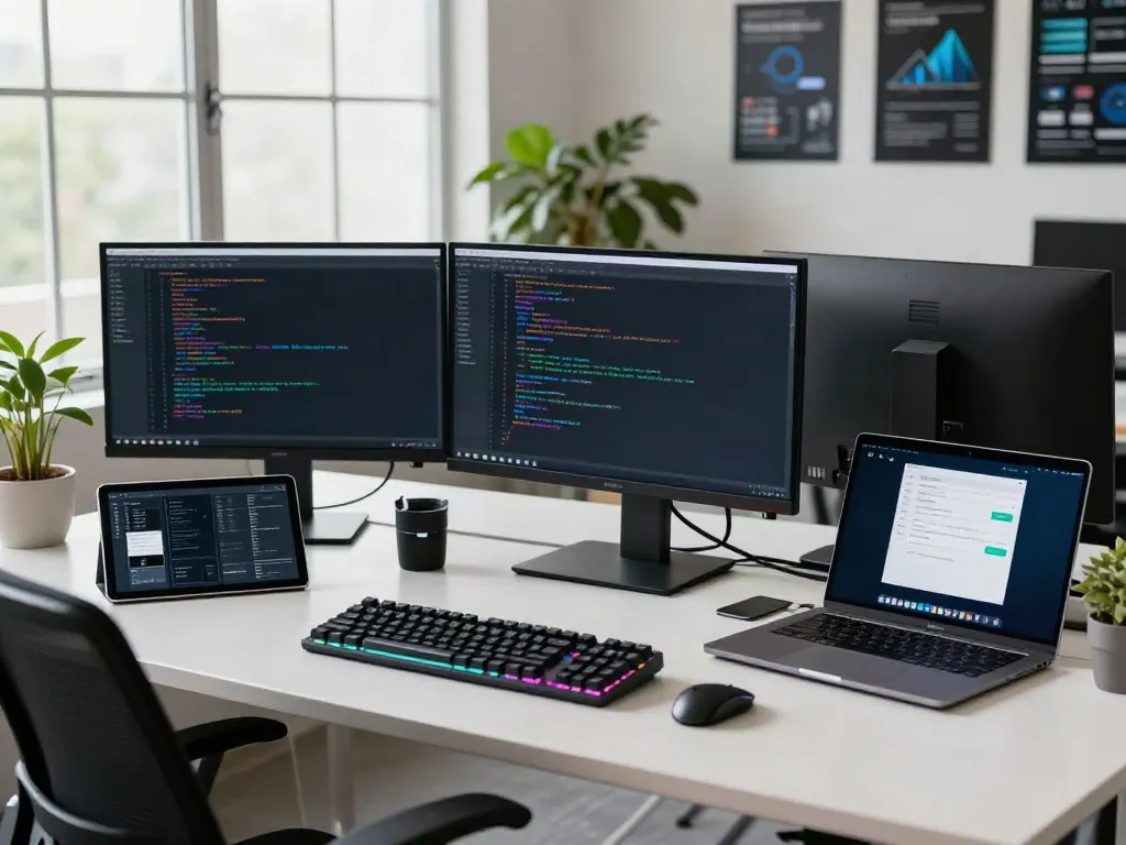 Developer configuring v2rayN官网 on dual monitors in a bright, modern workspace.
