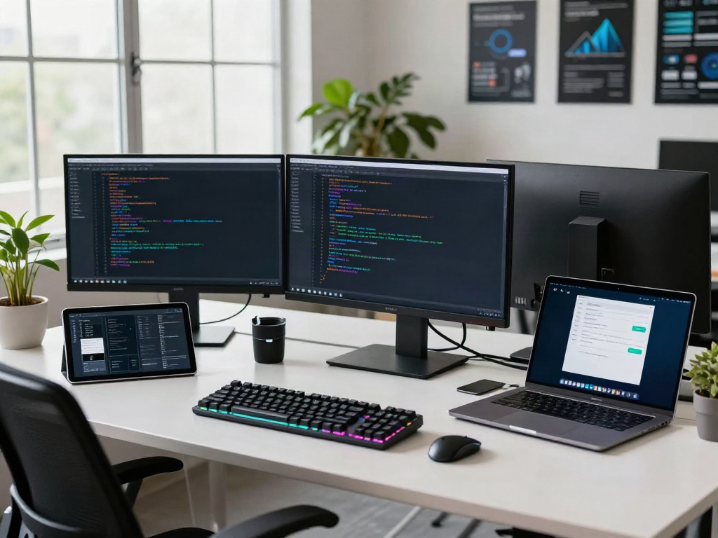 Developer configuring v2rayN官网 on dual monitors in a bright, modern workspace.