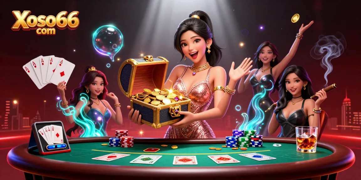 Engage with Xoso66 com in this vibrant scene showcasing treasures and thrilling poker elements!