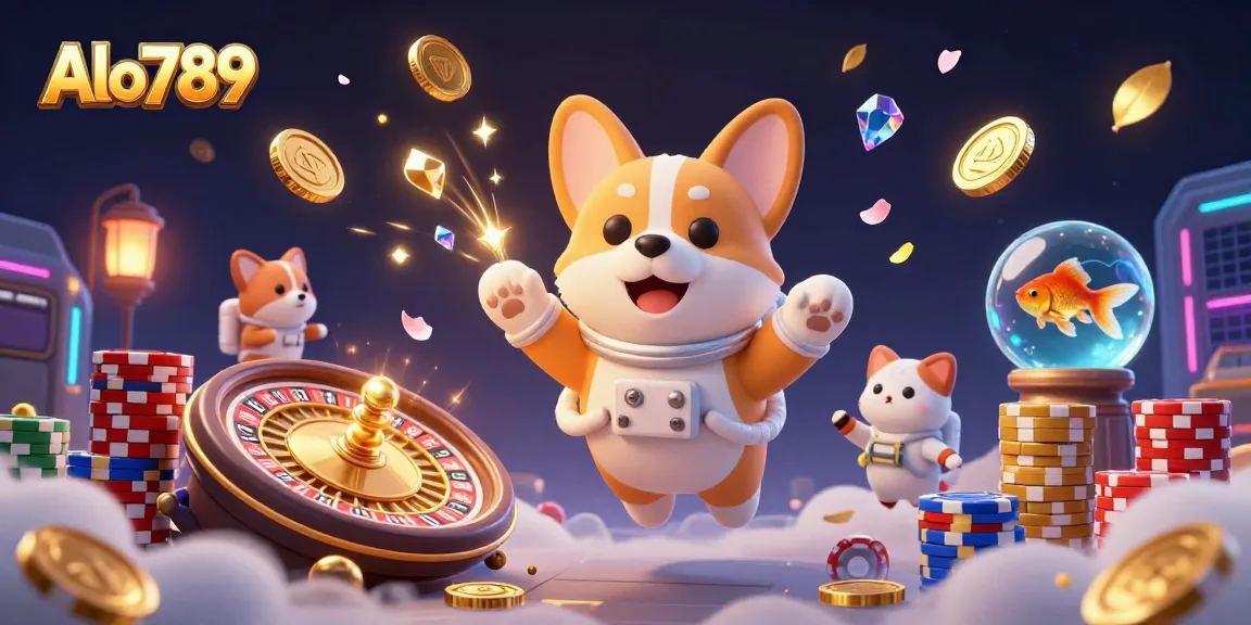 Alo789 highlights an engaging scene with a floating astronaut corgi, coins, and an animated casino environment.