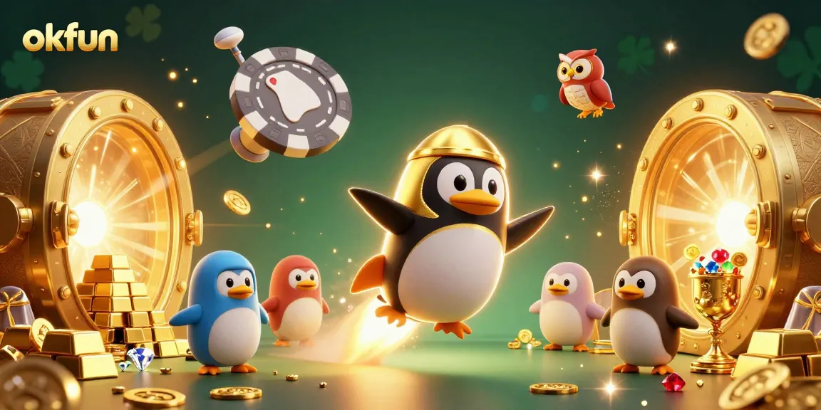 Experience the excitement at okfun with golden coins and jewels as a penguin heads to a casino.
