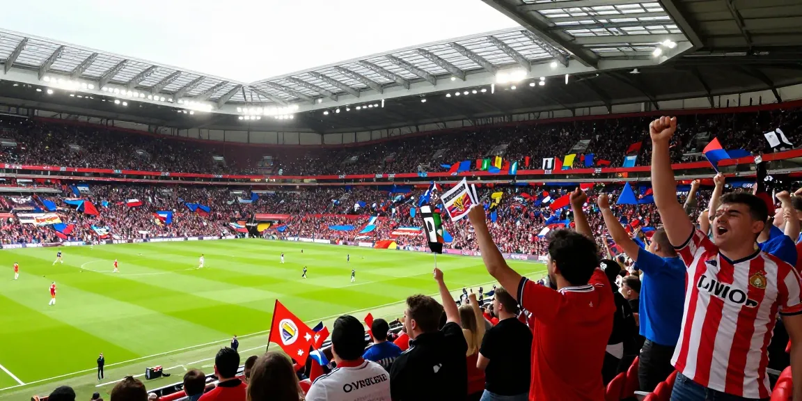 Passionate fans enjoying a live football match at the Premier League with BK8TH branding.