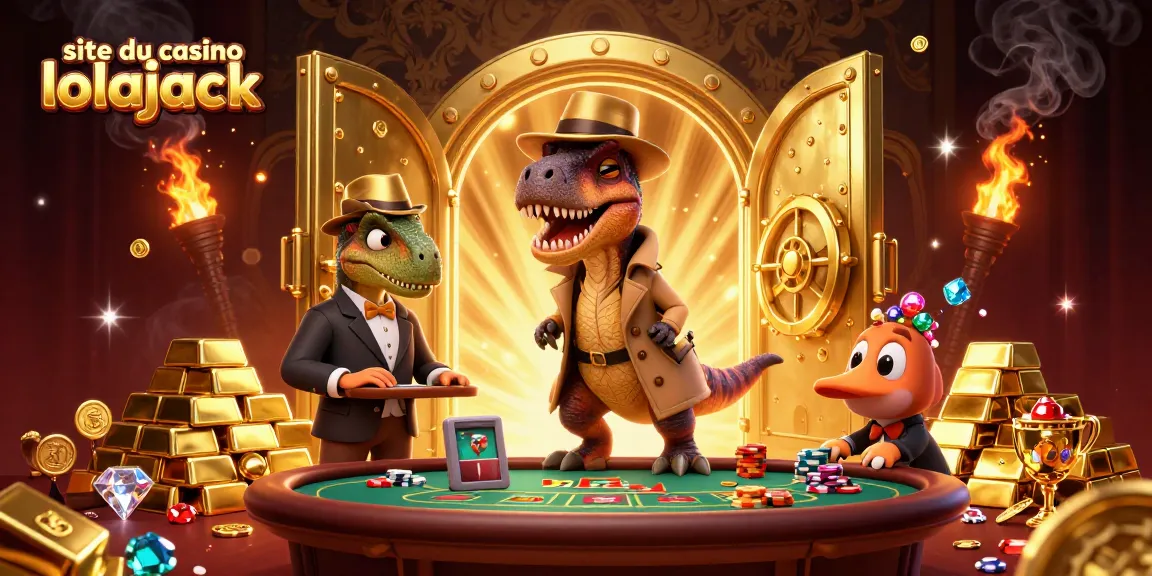 Plongée dans le site du casino lolajack avec un velociraptor joueur à une table de blackjack, entouré de trésors scintillants.