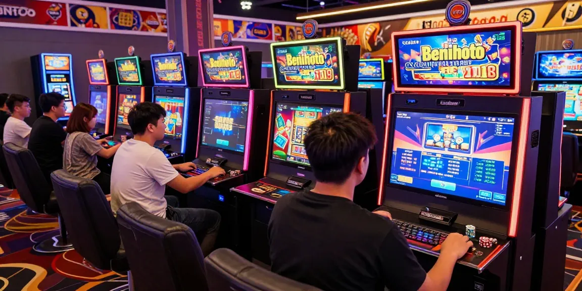 Benihtoto gacor online gaming scene with vibrant slot machines and enthusiastic players.