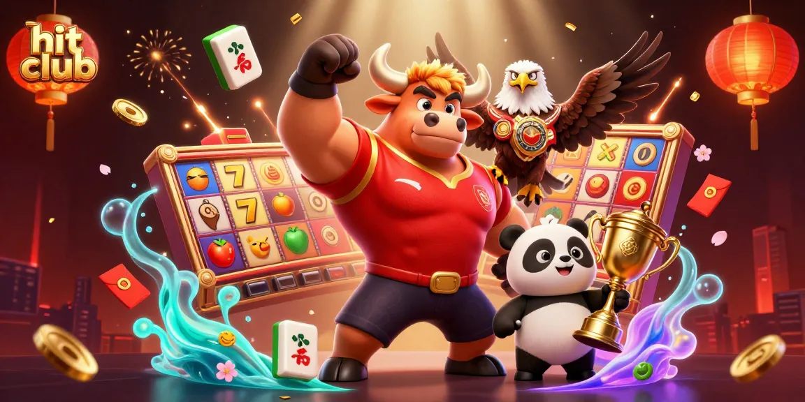 Engage with the hit club as the bull mascot celebrates a jackpot win amidst vibrant casino elements.