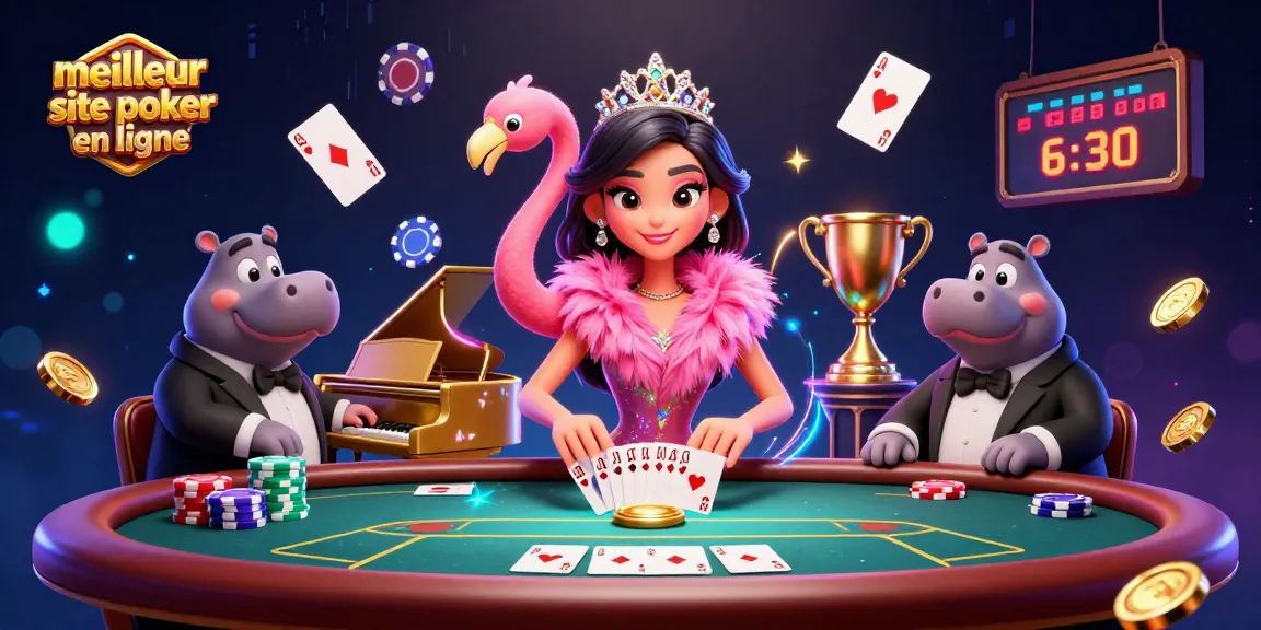 Profitez du meilleur site de poker en ligne avec une scène animée de poker incluant des personnages colorés et des éléments de jeu.