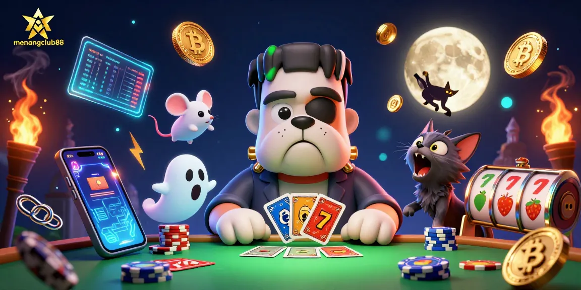 Experience the thrill at menangclub88 as a Frankenstein bulldog deals cards amidst crypto coins.