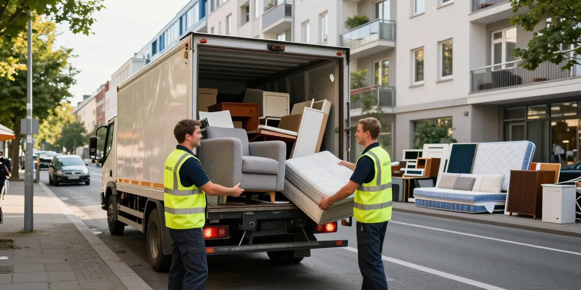 Sperrmüllabholung 80 Euro Berlin service with professionals loading old furniture into a truck in an urban setting, showcasing reliable waste collection.
