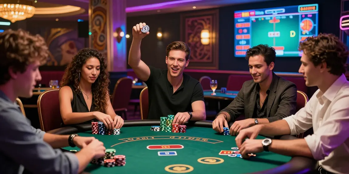 Exciting gambling scene at a casino with friends playing poker, exemplifying situs slot gacor.