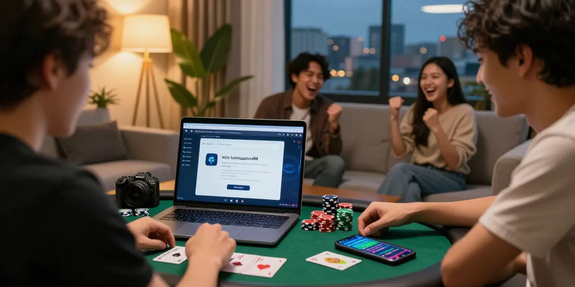 Pengguna menikmati permainan dengan link situs tantegacor88 resmi di laptop sambil dikelilingi teman di ruang tamu.