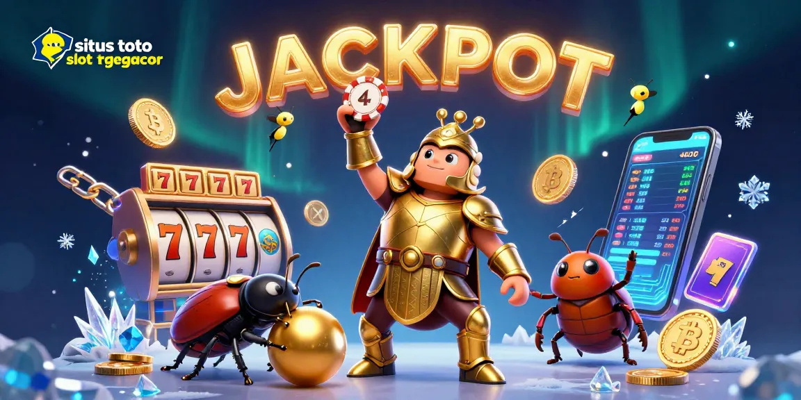 Engage with situs toto slot tergacor in an exhilarating scene featuring a victorious Hercules beetle amidst slot reels and jackpot symbols.