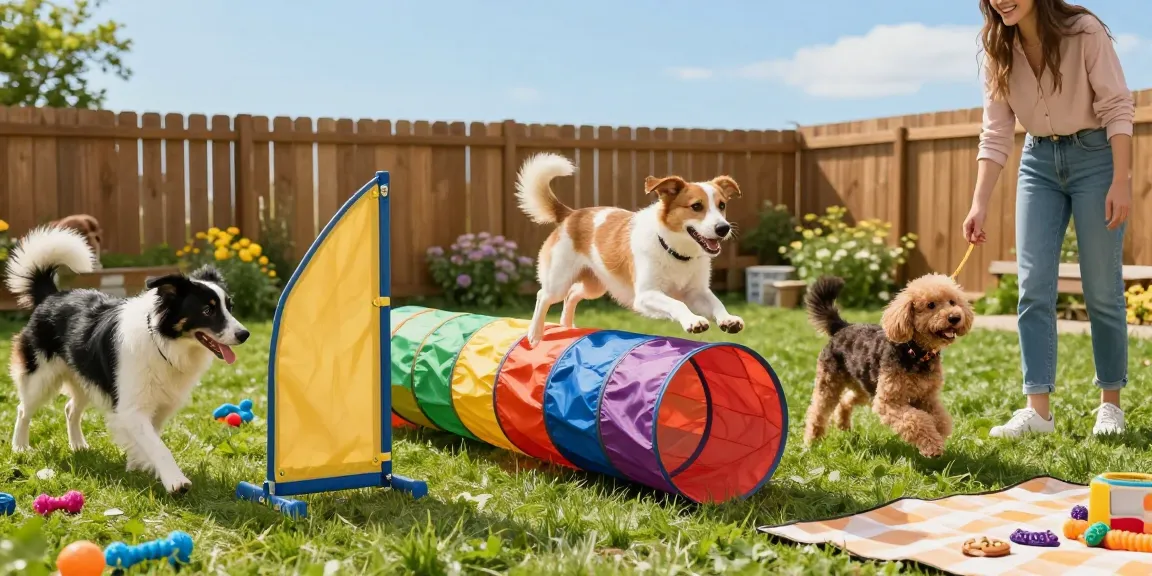 Playful dogs enjoying agility training at the NAGA2000 pet playhouse.