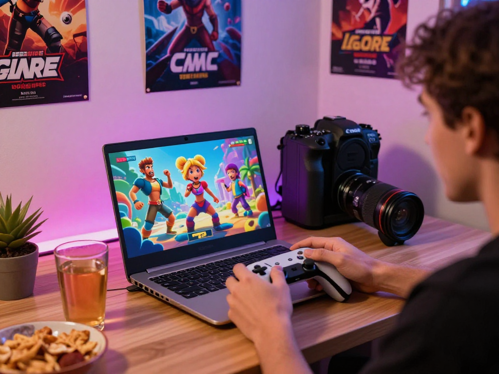 Engaging scene of a user immersed in porngames on a laptop with vibrant graphics and a cozy atmosphere.