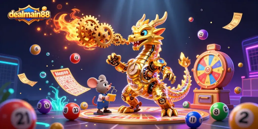 Engage with dealmain88's vibrant casino experience featuring animated dragon and lottery elements.