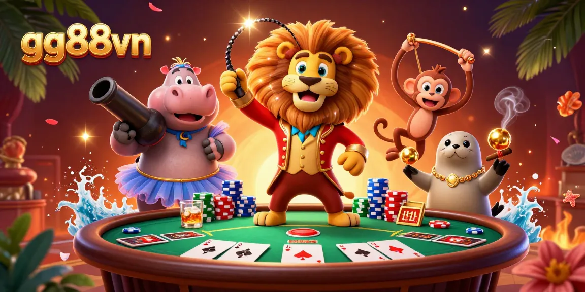 Experience the excitement of gg88vn with a vibrant 3D circus-themed casino illustration.
