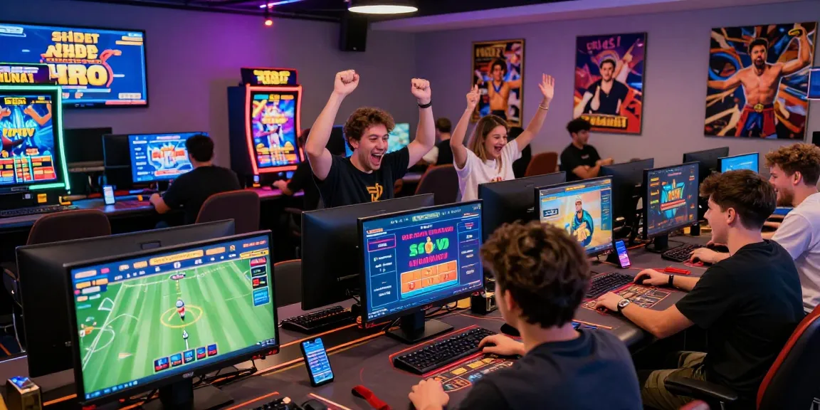 Engaged players at https://shbet.cruises/ celebrating online gaming victories in a vibrant atmosphere.