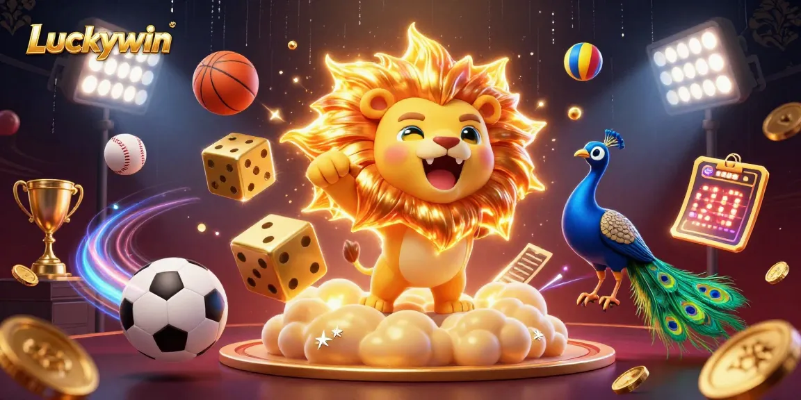 Experience thrilling action at Luckywin with a vibrant 3D illustration of games and excitement.