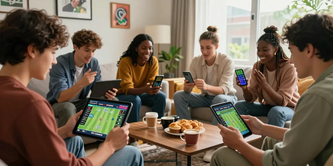 Excited young adults engaging in online betting on Fairplay24 with live cricket stats on devices.