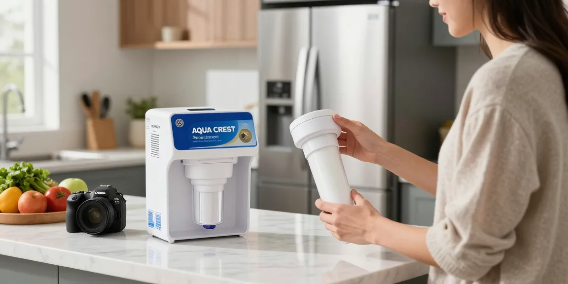 AQUA CREST Replacement for GE® RPWFE® water filter displayed in a modern kitchen, highlighting home health and convenience.