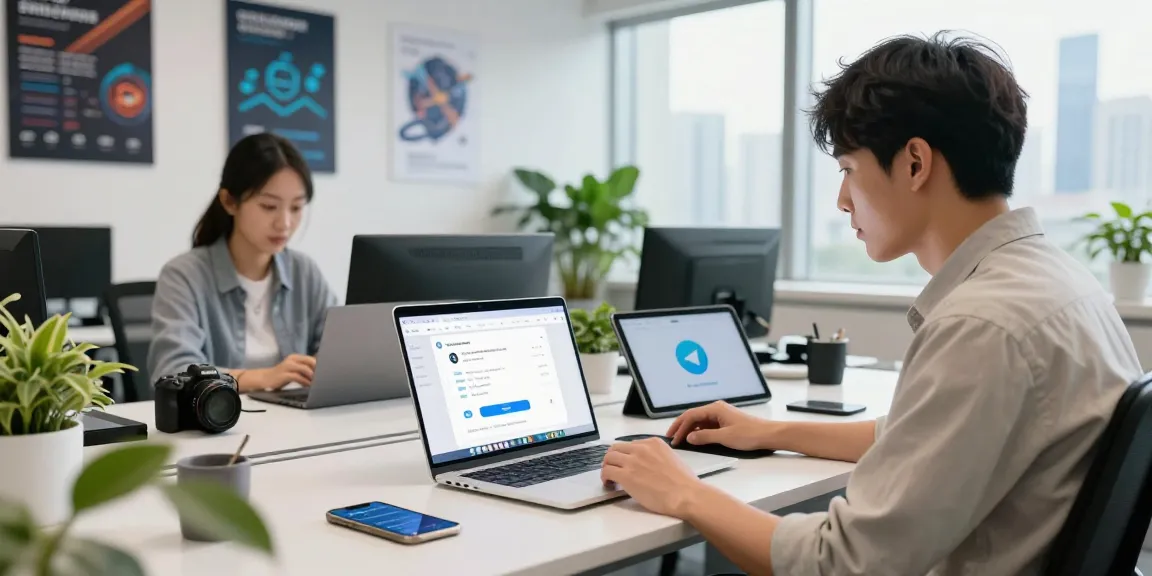 VPN software in a professional workspace enabling telegram china solution access, showcasing tech collaboration.