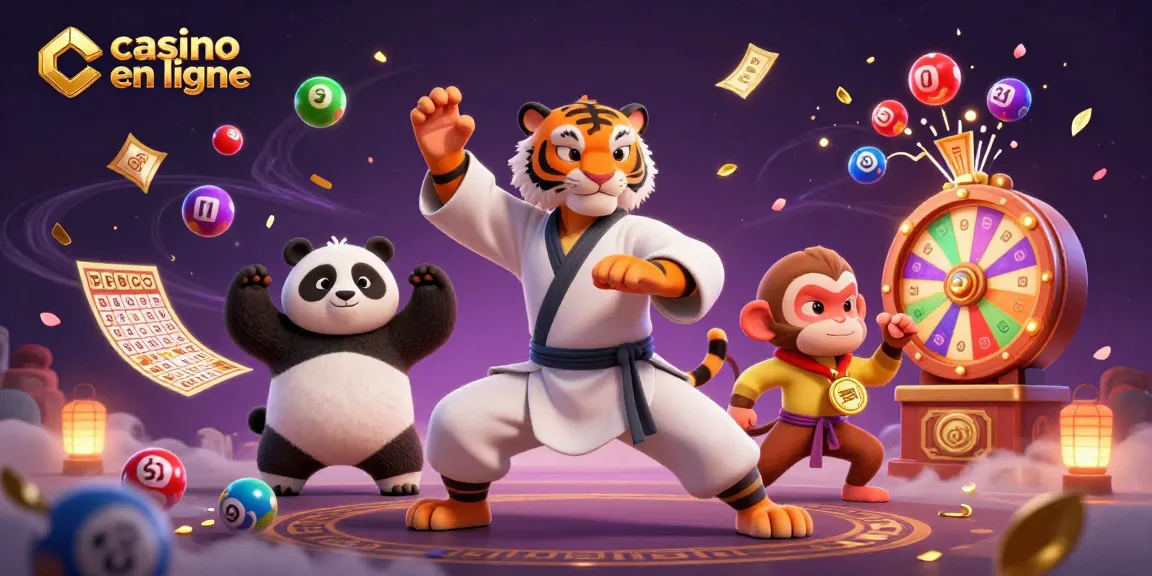 Jouez à un casino en ligne avec des personnages animés dans une scène dynamique entourée de jeux et de gains.