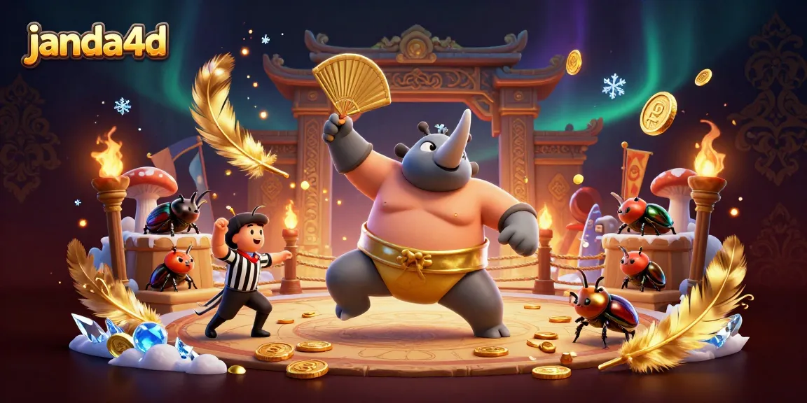 Gambarlah janda4d yang menampilkan kejuaraan sumo serangga dengan koin emas berterbangan.