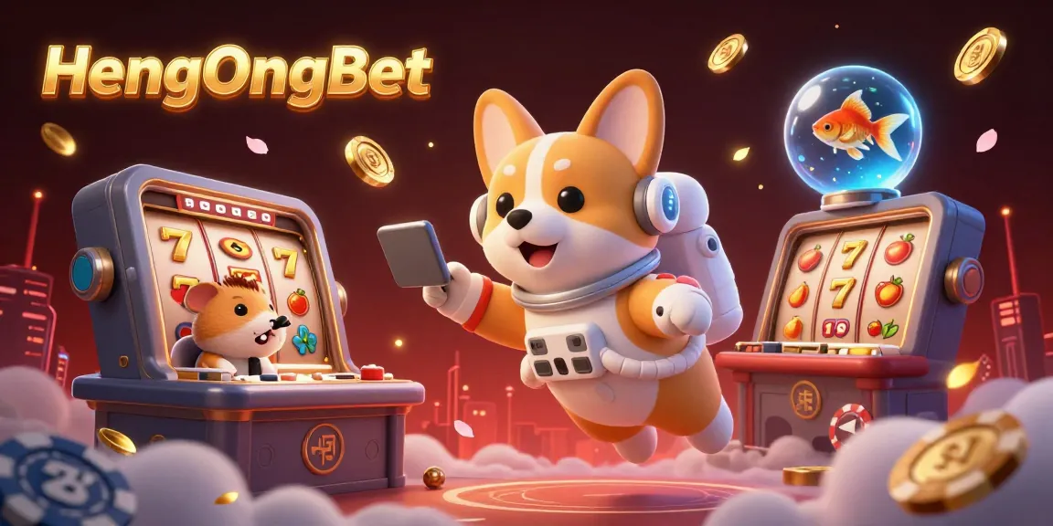 Experience thrilling casino action with HengOngBet as a floating astronaut corgi and friends enjoy slot games in zero gravity.