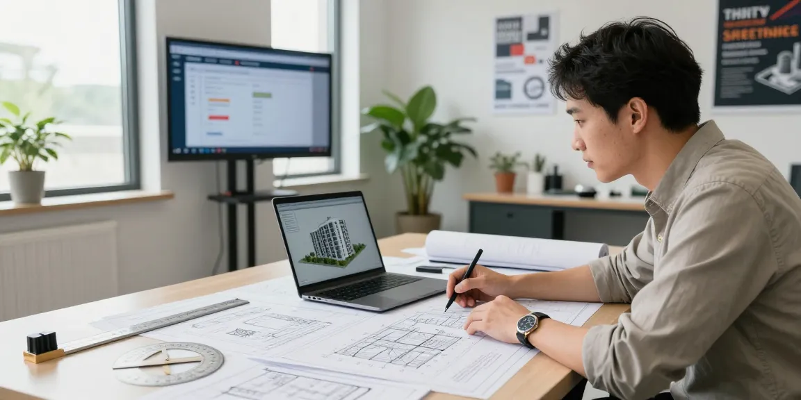 Engineer conducting a structural integrity assessment in Missouri, reviewing plans and technical drawings in a bright office.