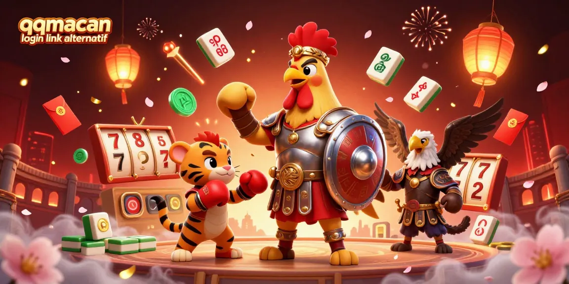 Experience the thrill of qqmacan login link alternatif with an energetic casino scene featuring a gladiator rooster, tiger cub, and eagle.