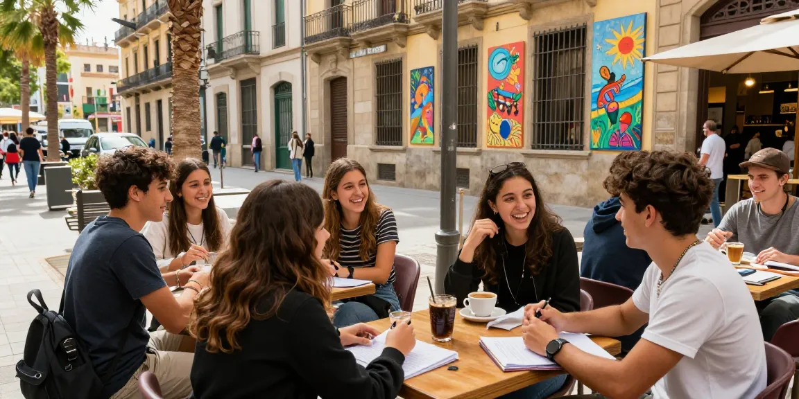 Des étudiants profitant des Cours d'espagnol en Espagne dans un café animé de Barcelone, engageant des discussions animées.