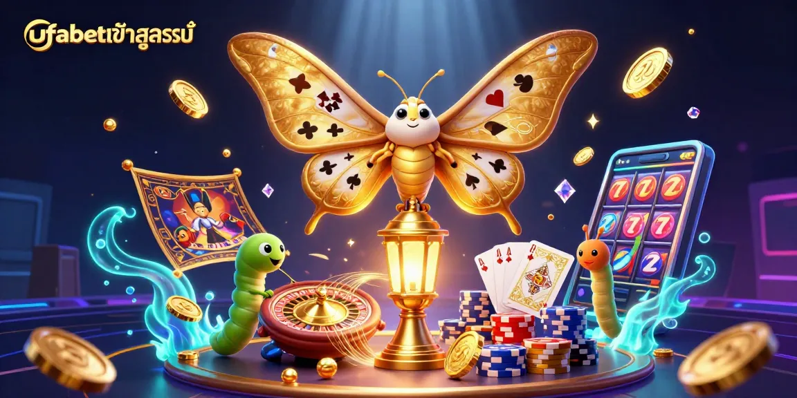 Play with ufabetเข้าสู่ระบบ, engaging in vibrant casino elements including golden moth and dynamic game symbols.