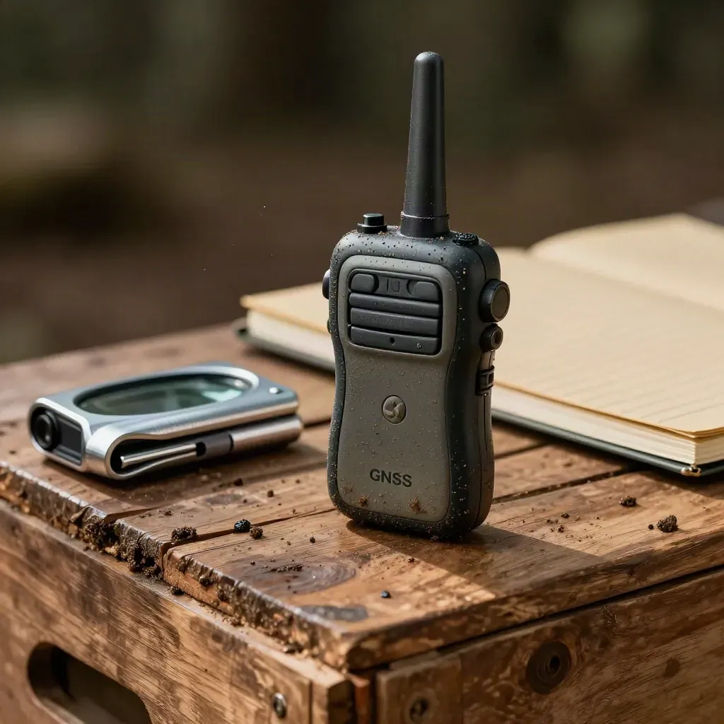 GNSS receiver, prism pole collars, and field notebook on a timber crate
