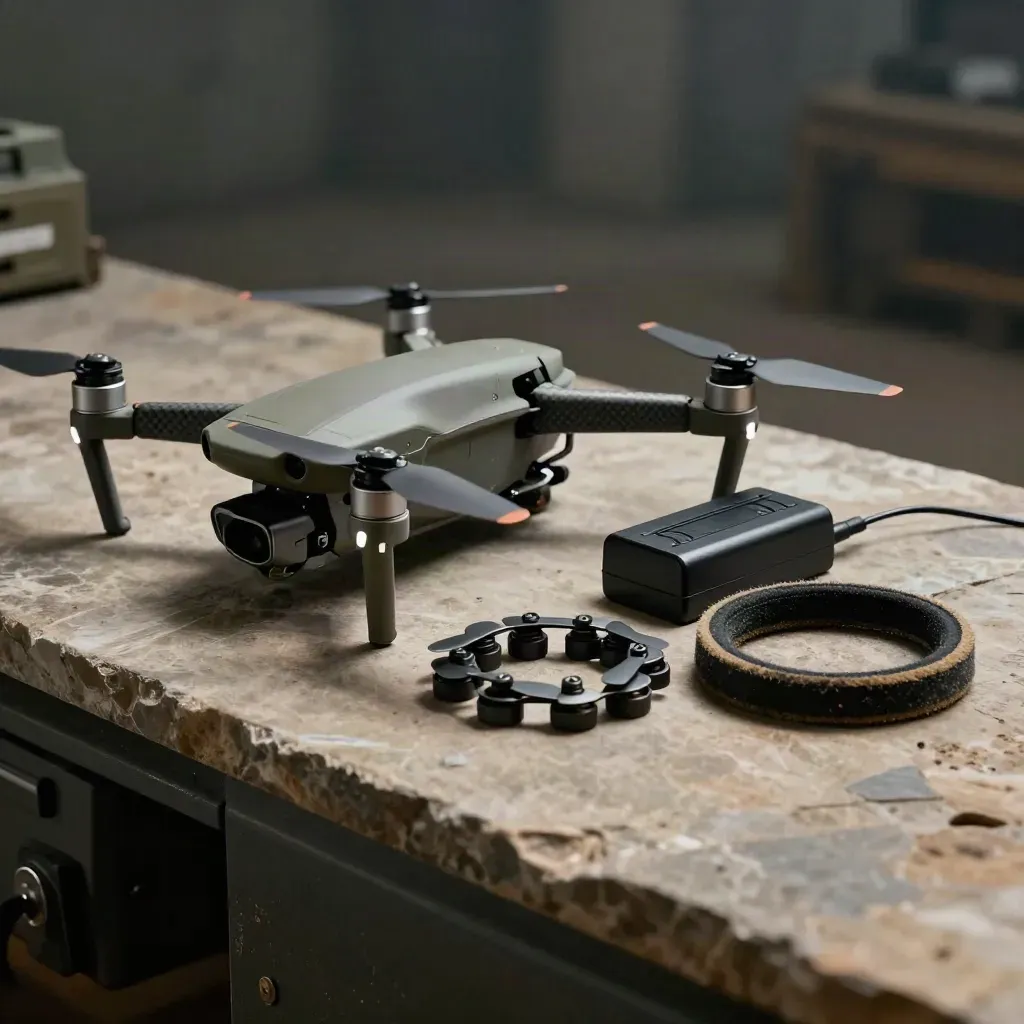 Folded drone, propellers, charger and landing pad on a stone slab in dramatic low light