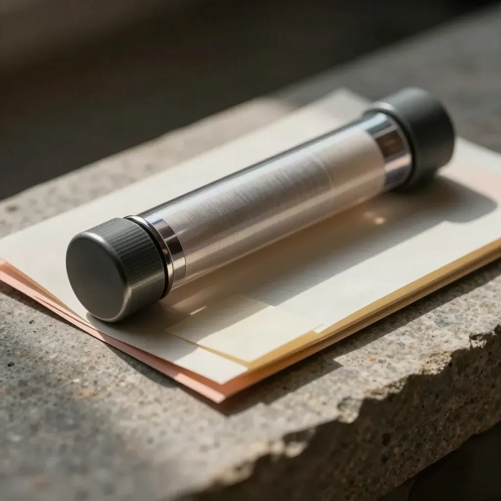 Top-down still life of report tube, clip stack, archive sleeves and sample tags on brushed stone.