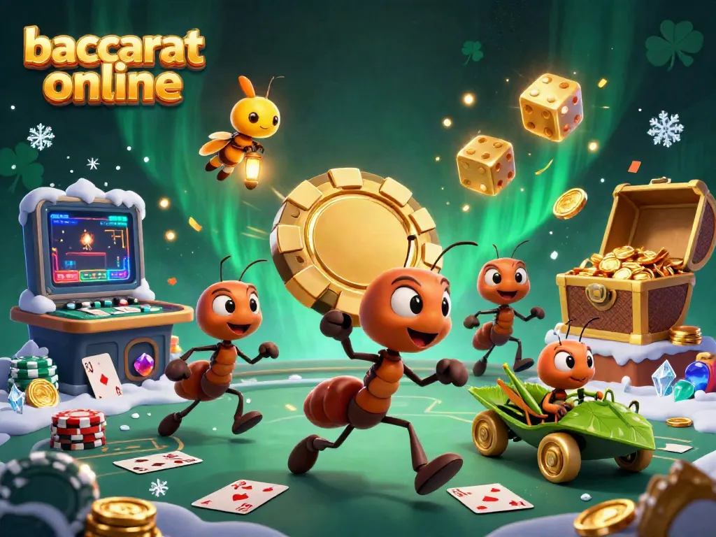 Experience baccarat online with energetic cartoon ants on a heist, alongside vibrant casino elements.