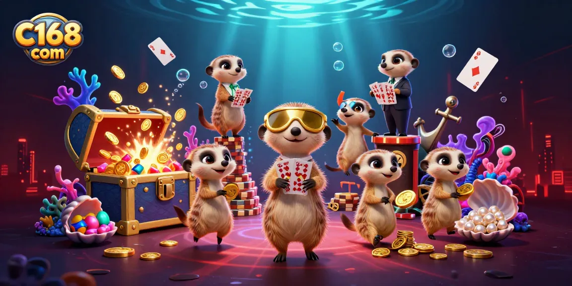 Experience the excitement at C168 com with meerkats managing a vibrant casino, surrounded by treasures.