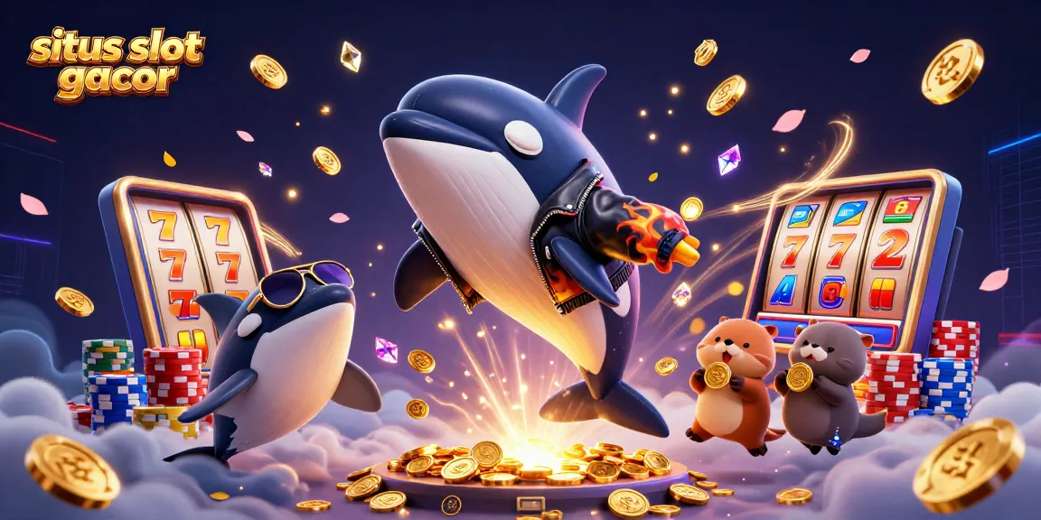 Situs slot gacor menghadirkan orca keren dan sekumpulan walrus bermain sambil memegang koin emas di permainan slot.