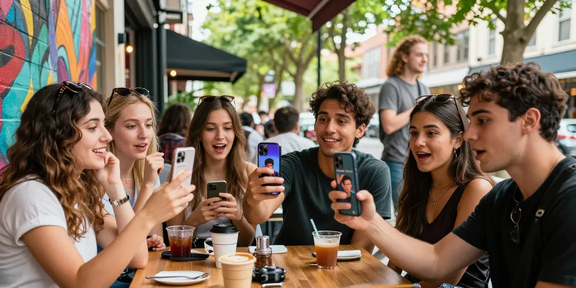 Young adults discovering celebrities look alike in a vibrant urban café