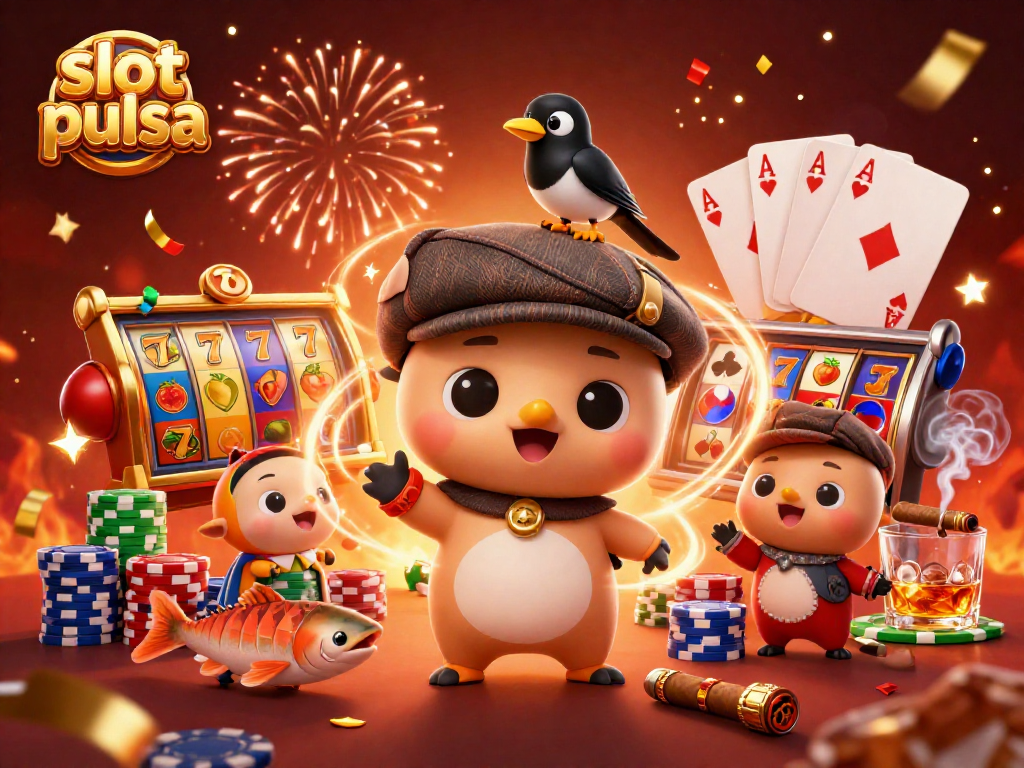 Engage in thrilling slot pulsa gameplay surrounded by vibrant slot reels and charming characters.