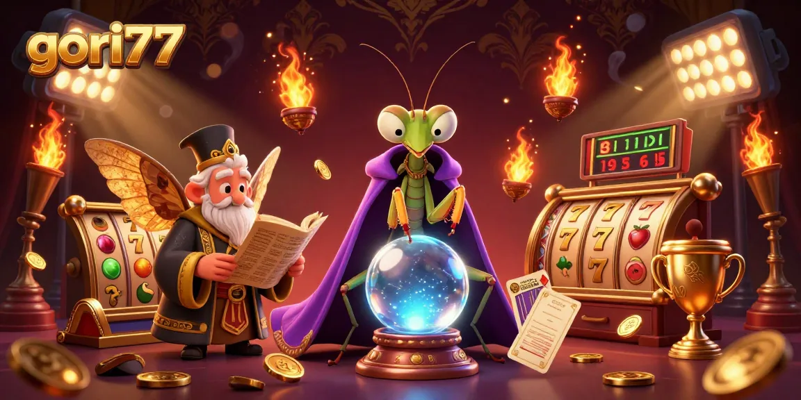 Experience the thrill of gori77 with vibrant slots and mystical fortune tellers in a dynamic casino scene.