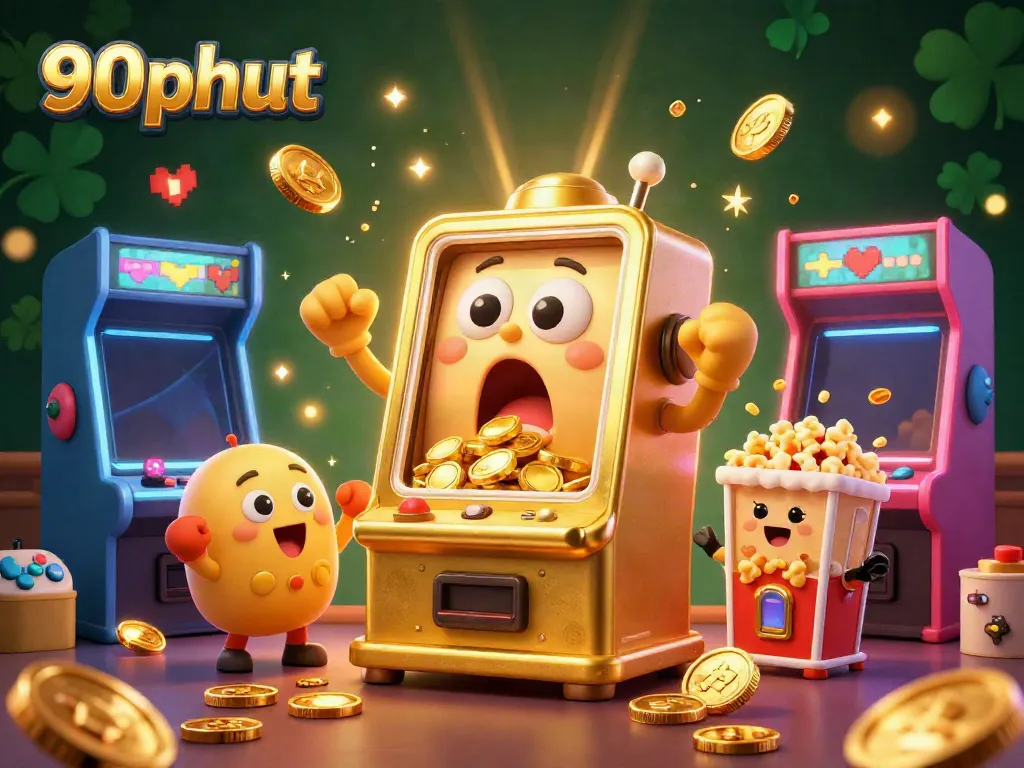 Experience the excitement at 90phut with a cartoonish golden slot machine celebrating its jackpot surrounded by cheers and golden coins.