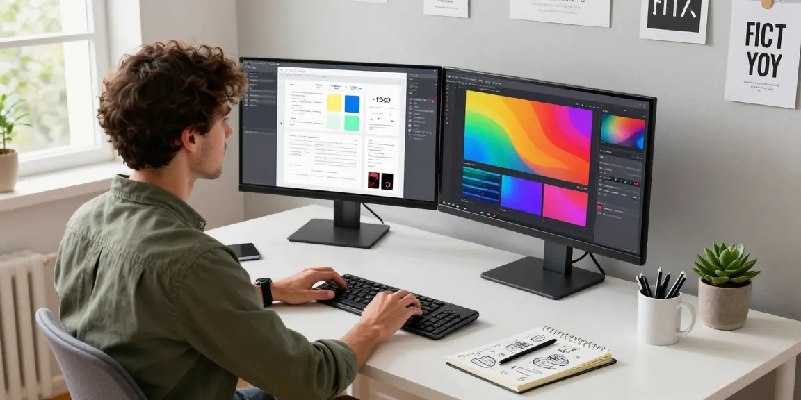 Designer using snipaste官网 in a modern workspace, showcasing vibrant design mockups and a creative atmosphere.