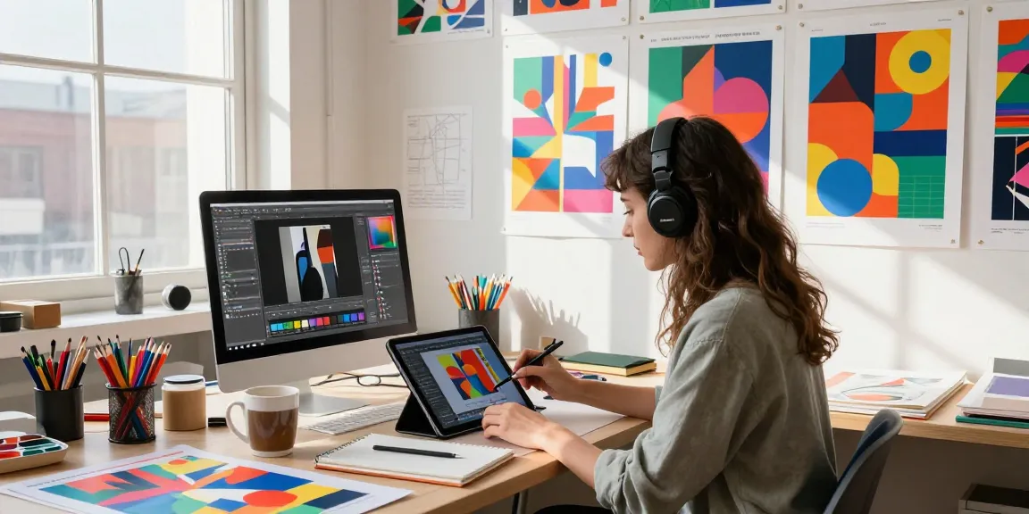 Custom poster printing in a creative studio setting, vibrant designs and art supplies visible.