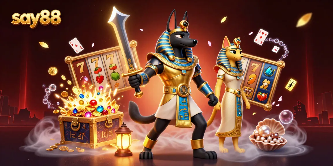 Experience say88's lively casino atmosphere with an Egyptian warrior and treasures in 3D.