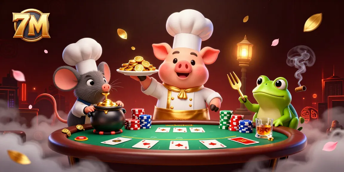 7M chef pig serving gold coins at a poker table, showcasing a vibrant casino scene.