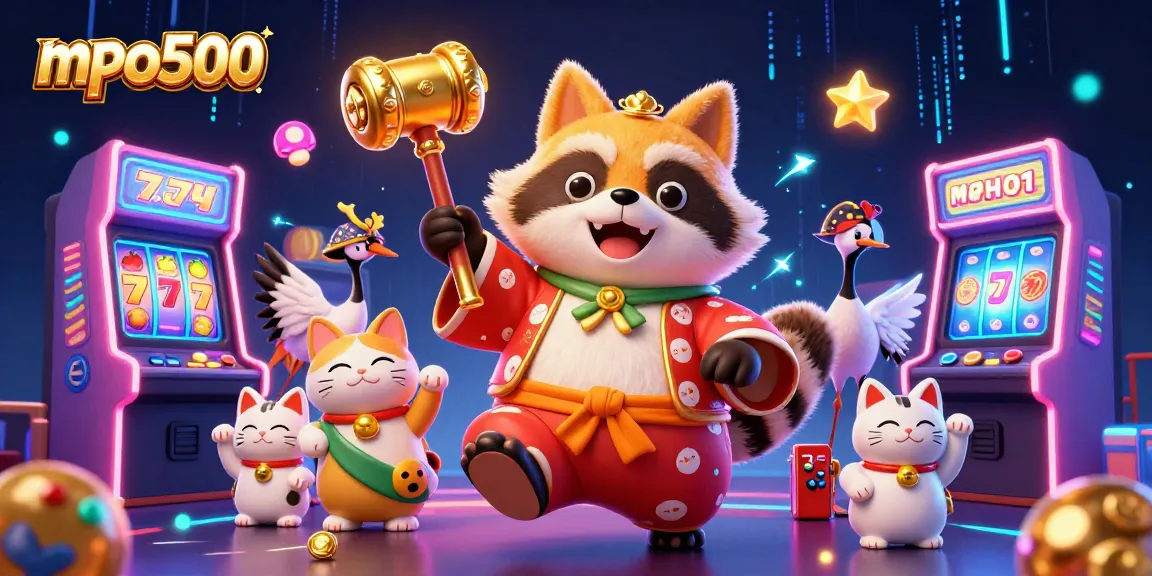 Spin and win at mpo500 with cheerful tanuki, samurai crane, and lucky maneki-neko.