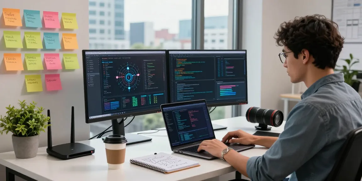 快连 network optimization tools showcased in a modern tech workspace with coding and connectivity visualizations.
