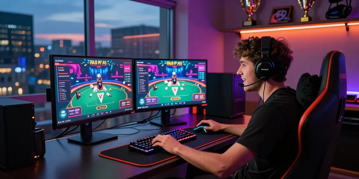 Engaged gamer accessing Link Login Dominobet with dual screens showcasing vibrant poker gameplay and city skyline.