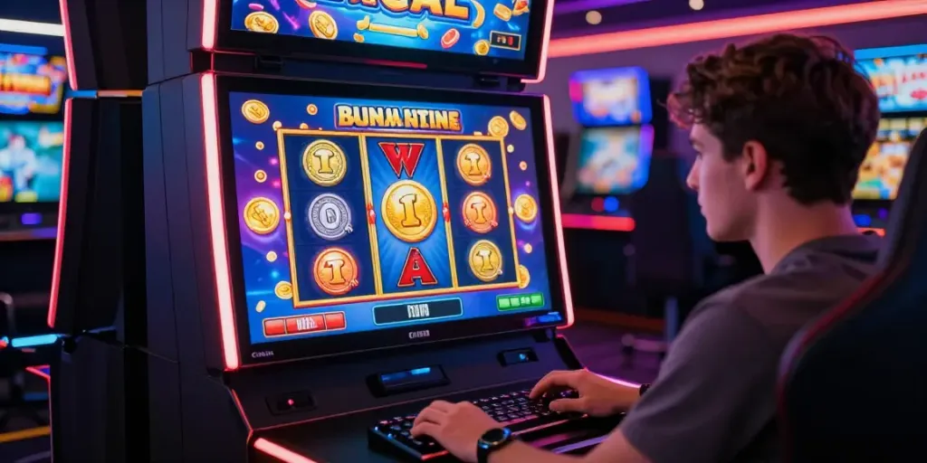 Engaging scene of a player enjoying slot gacor games on a digital device with vibrant graphics and modern gaming setup.